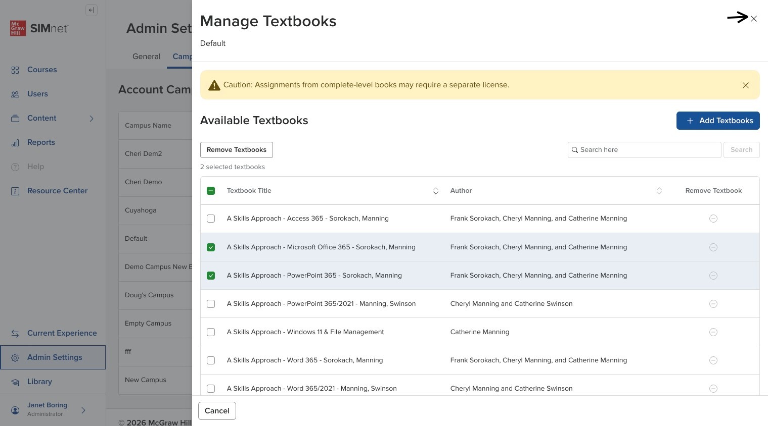Textbooks side panel with the X close button in the upper-right corner, with an arrow pointing to the X button.