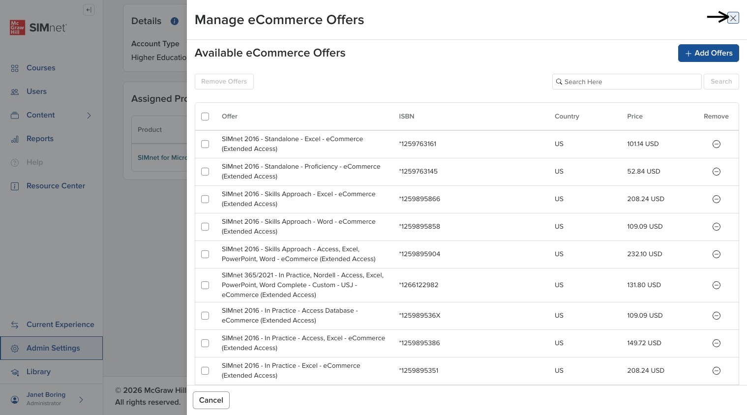eCommerce Offers side panel with the X close button in the upper-right corner, with an arrow pointing to the X button.