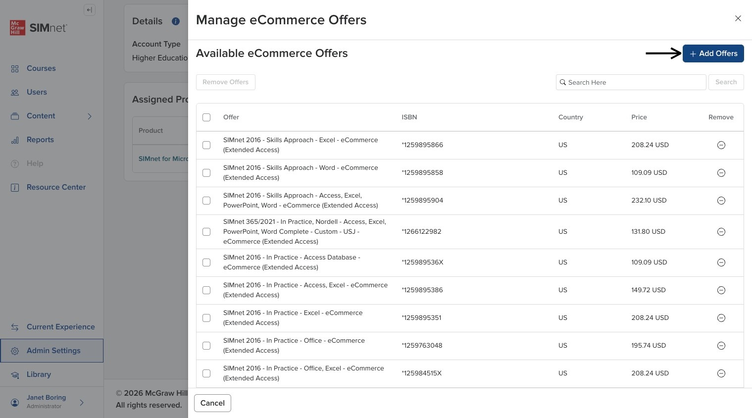 eCommerce Offers side panel showing the current offers, with an arrow pointing to the Add Offers button.
