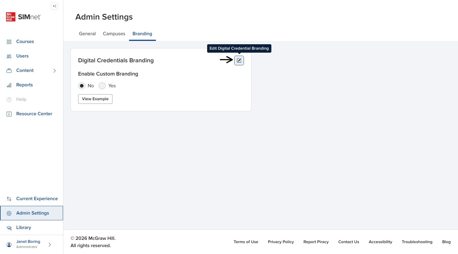Admin Settings page showing the Branding tab and edit pencil icon, with arrow pointing to the pencil icon.