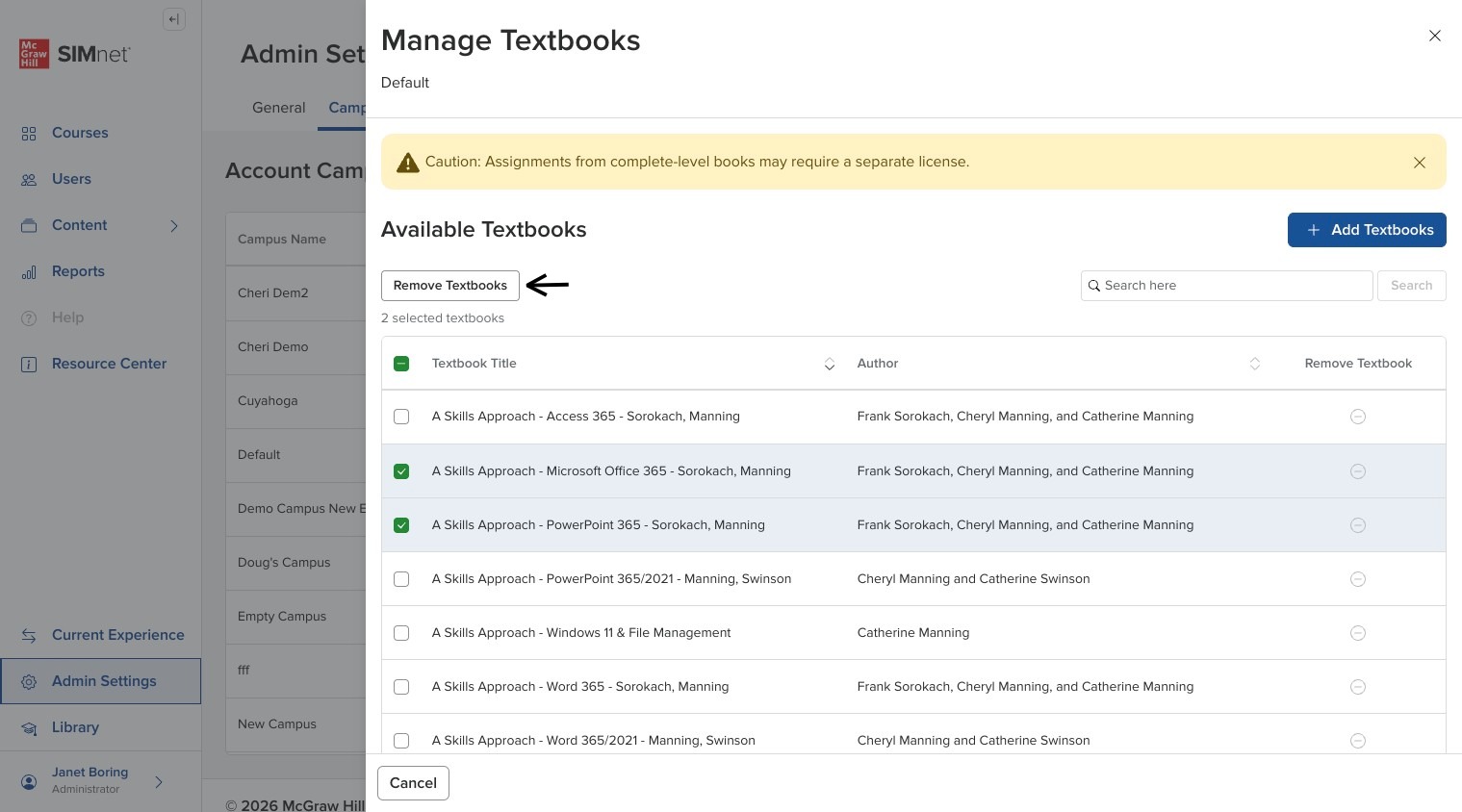 Textbooks side panel with multiple textbook checkboxes selected, with an arrow pointing to the Remove Textbooks button.