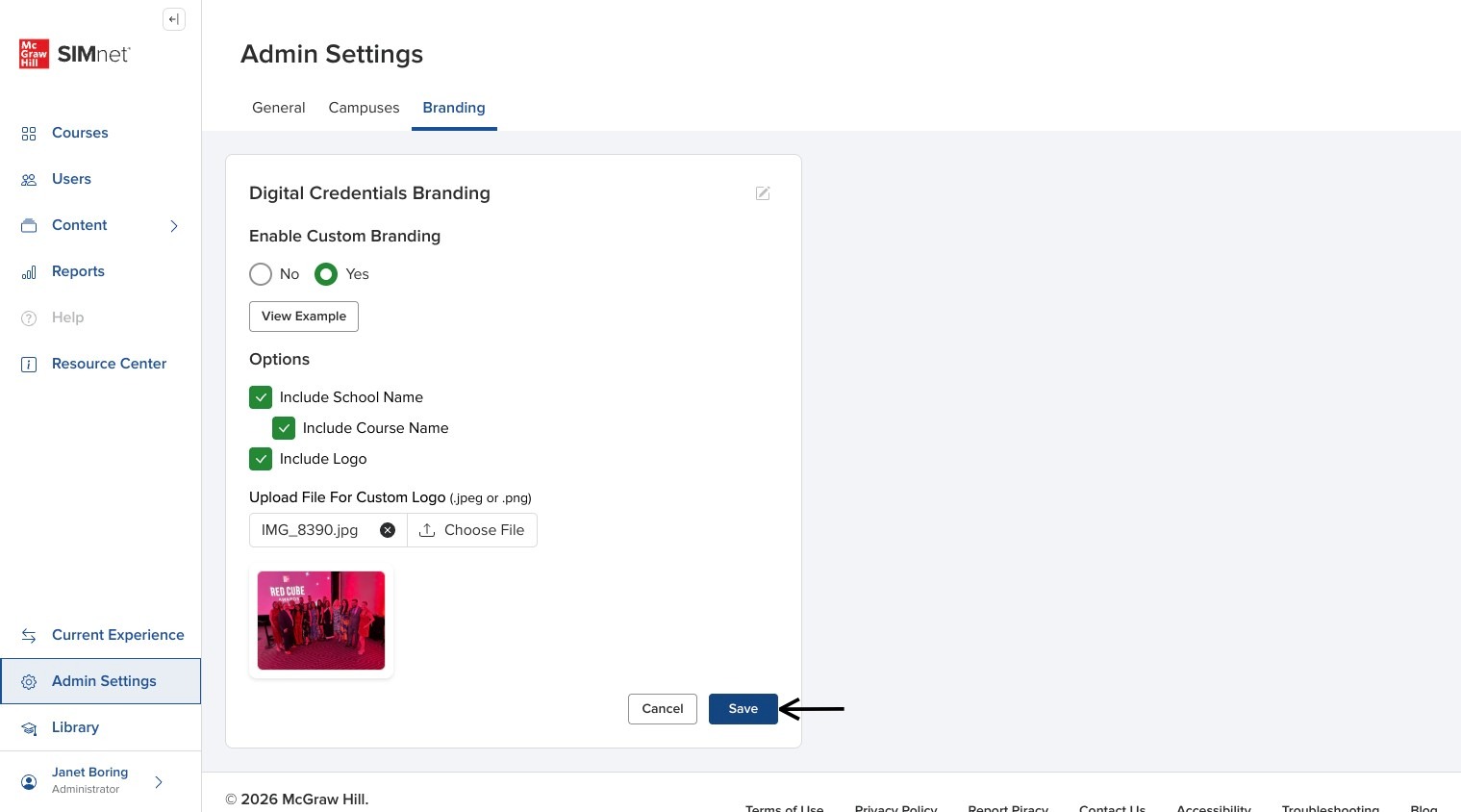 Branding settings panel with the Save button in the lower-right corner, with an arrow pointing to Save.