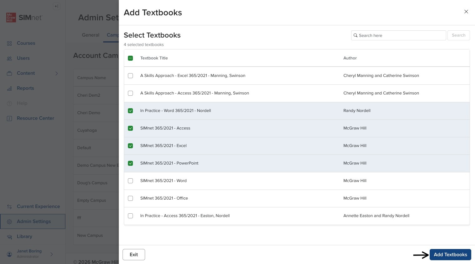 Add Textbooks side panel with textbook checkboxes selected, with an arrow pointing to the Add Textbooks button in the lower-right corner.