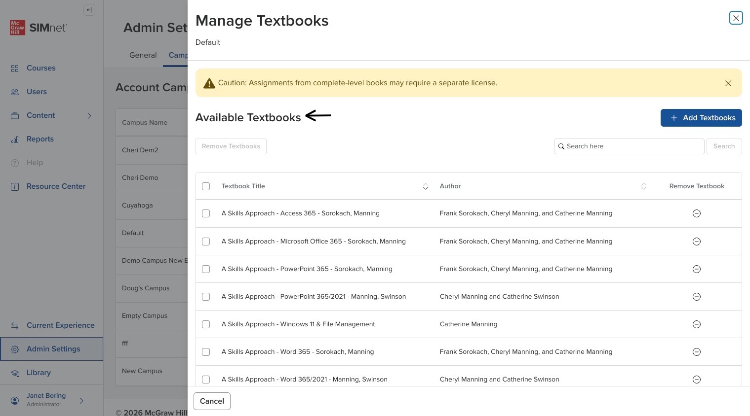 Textbooks side panel showing Available Textbooks that are already available to the campus and its courses.