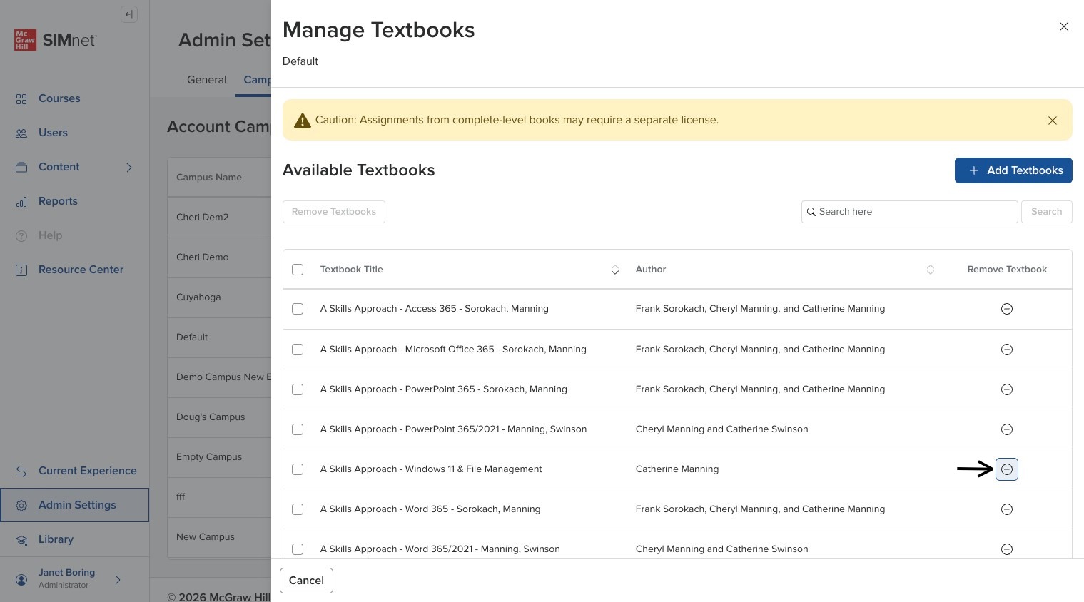 Textbooks side panel showing a textbook row with the Remove Textbook icon, with an arrow pointing to the Remove Textbook icon.
