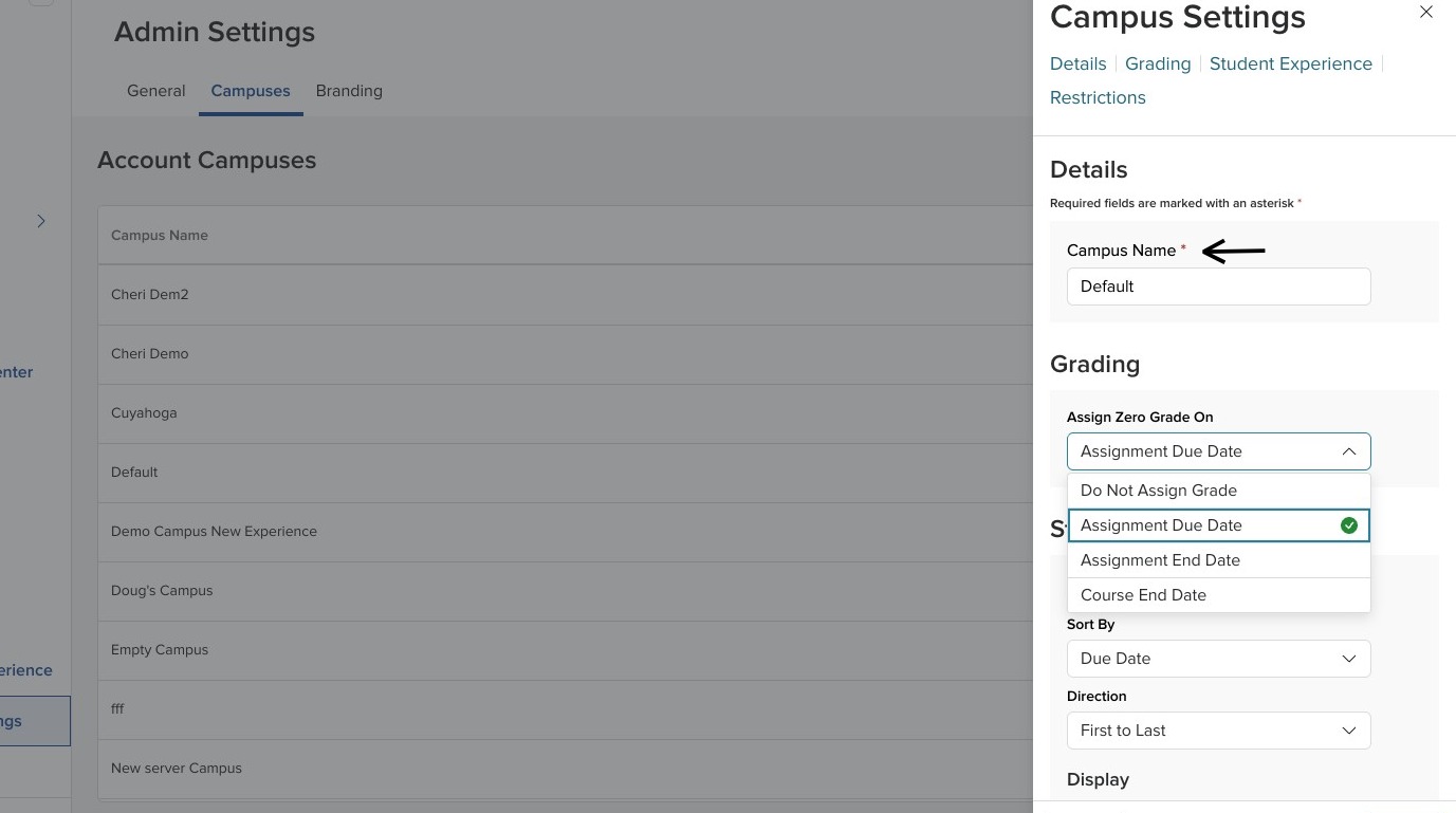 Campus Settings showing the Campus Name field and an arrow pointing to it.