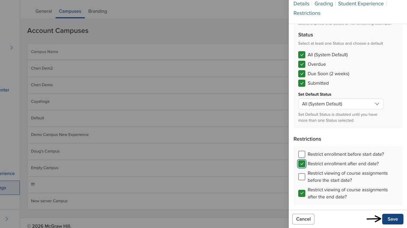 Campus Settings side panel with the Save button in the lower-right corner, with an arrow pointing to Save.