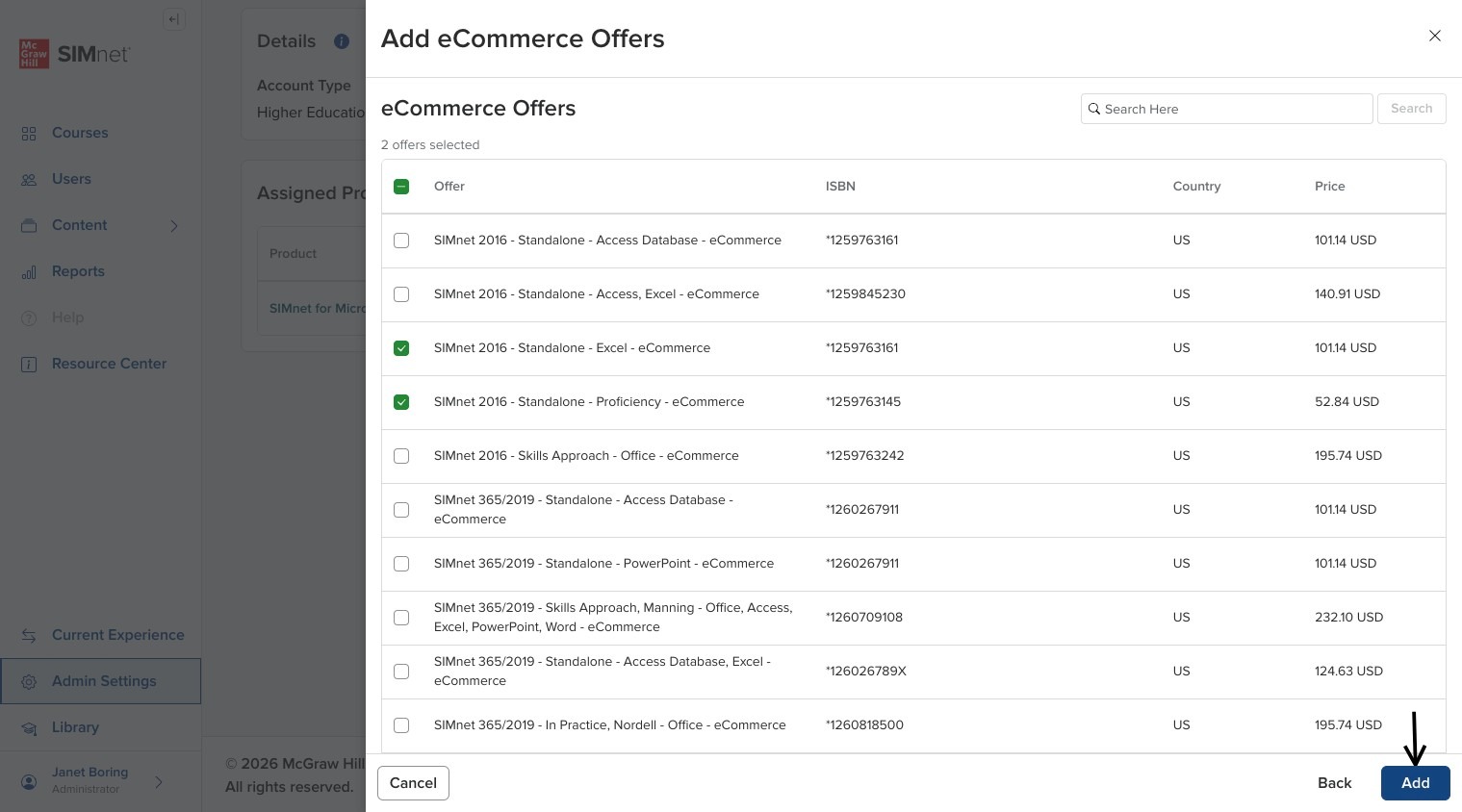 Add Offers side panel with offer checkboxes selected, with arrow pointing to the Add button in the lower-right corner.