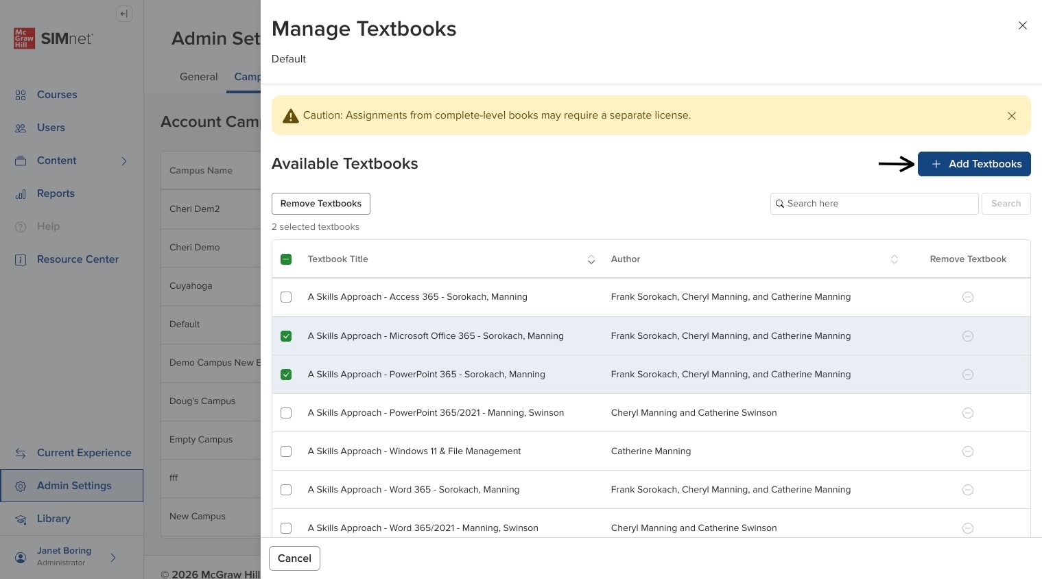Textbooks side panel showing the current list of textbooks, with an arrow pointing to the Add Textbooks button.