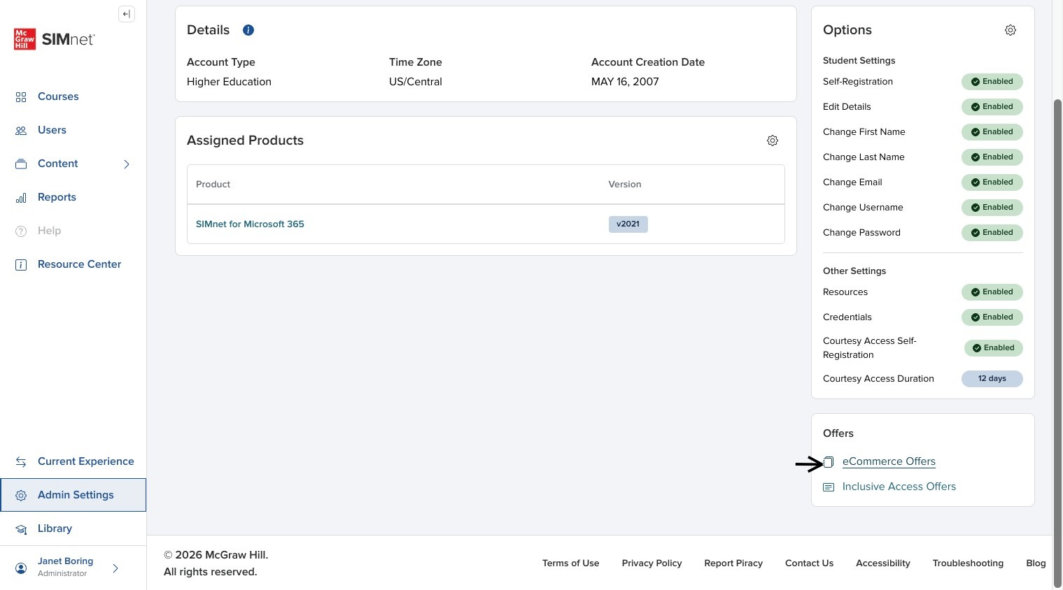 Admin Settings page showing the Offers section in the lower-right corner, with an arrow pointing to eCommerce Offers.
