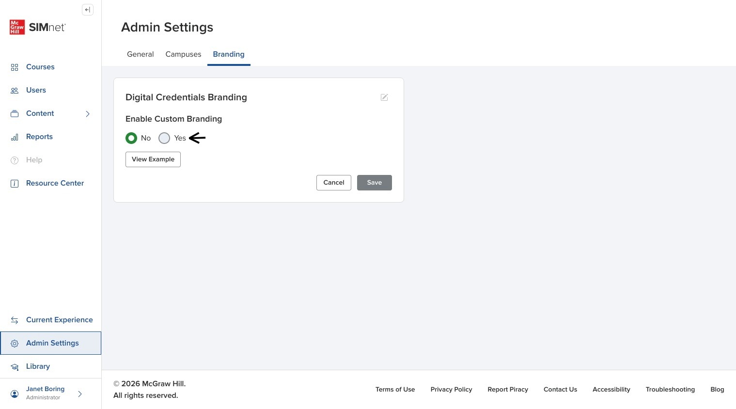 Branding settings panel showing the option to enable custom branding, with an arrow pointing to Yes.