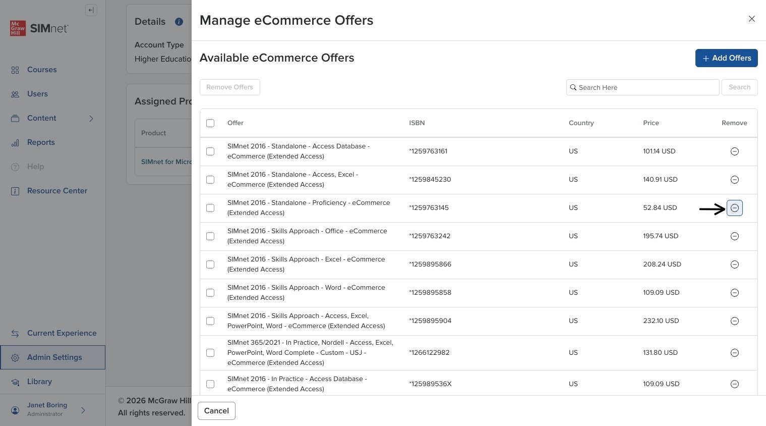eCommerce Offers side panel with a single offer row selected for removal, with an arrow pointing to the Remove icon.