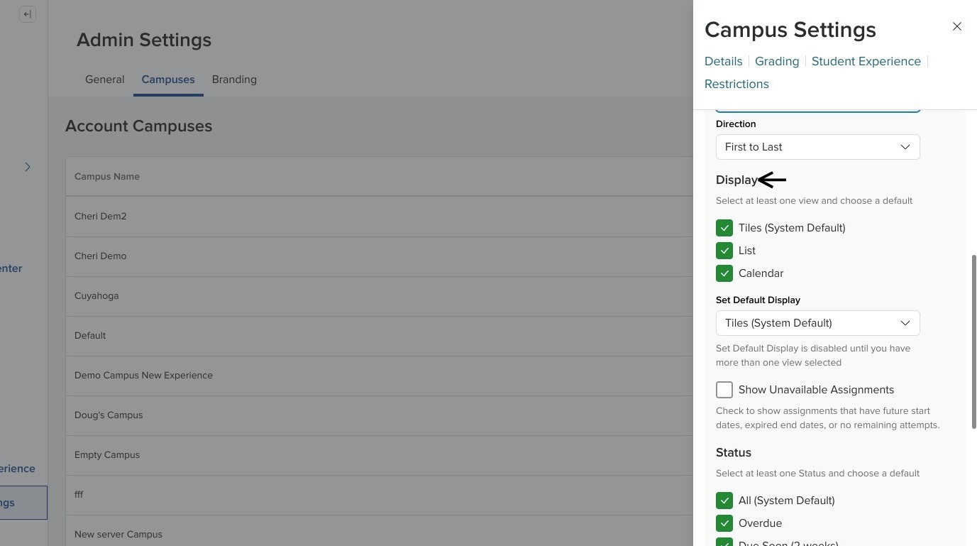 Campus Settings showing assignment display options, with arrows pointing to Tile, List, and Calendar views.