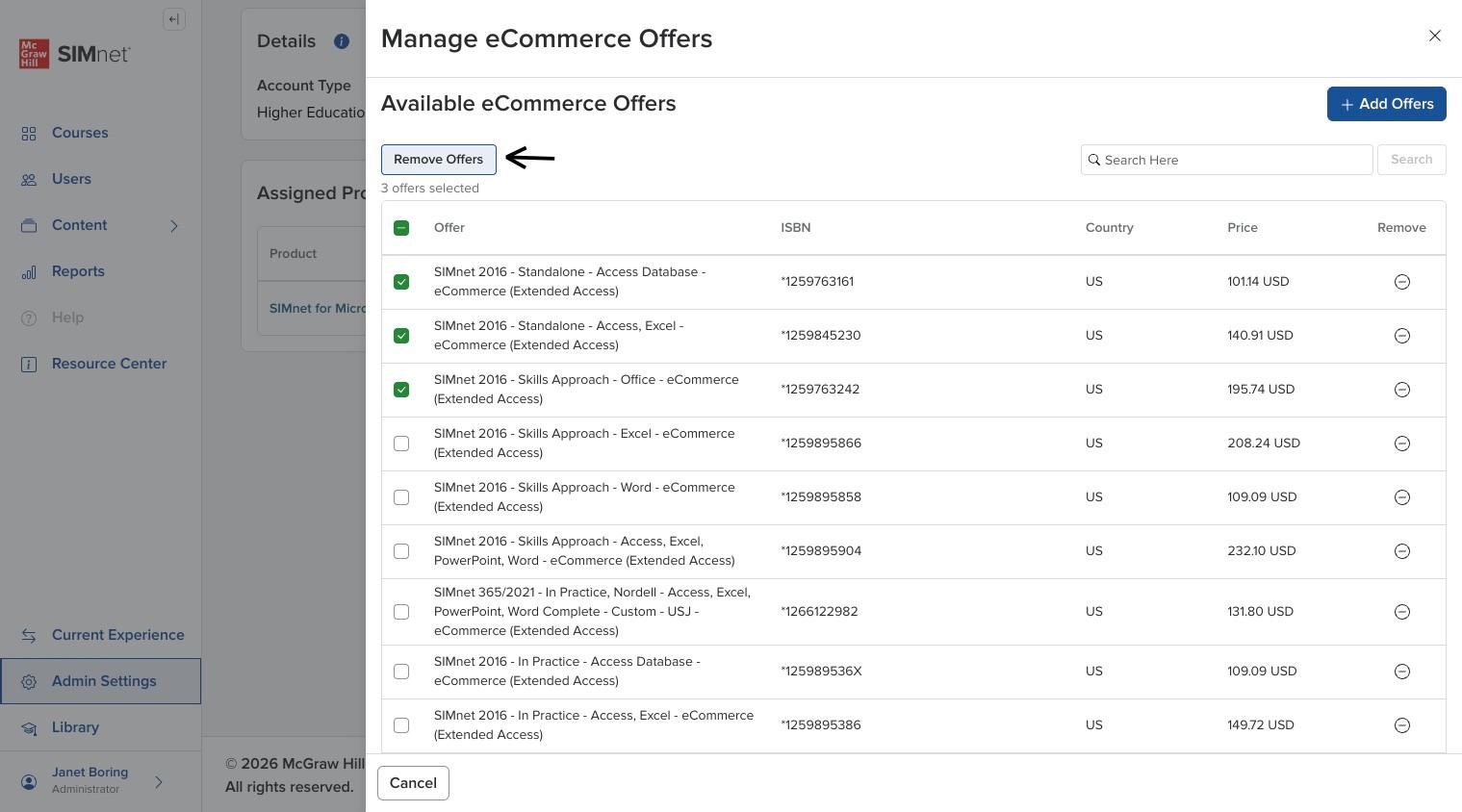 eCommerce Offers side panel with multiple offer checkboxes selected, with arrow pointing to the Remove Offers button.
