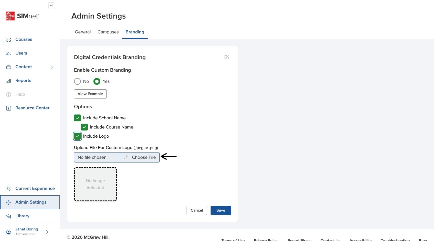 Branding settings panel showing the Include Logo checkbox and Choose File button, with arrow pointing to Choose File button.