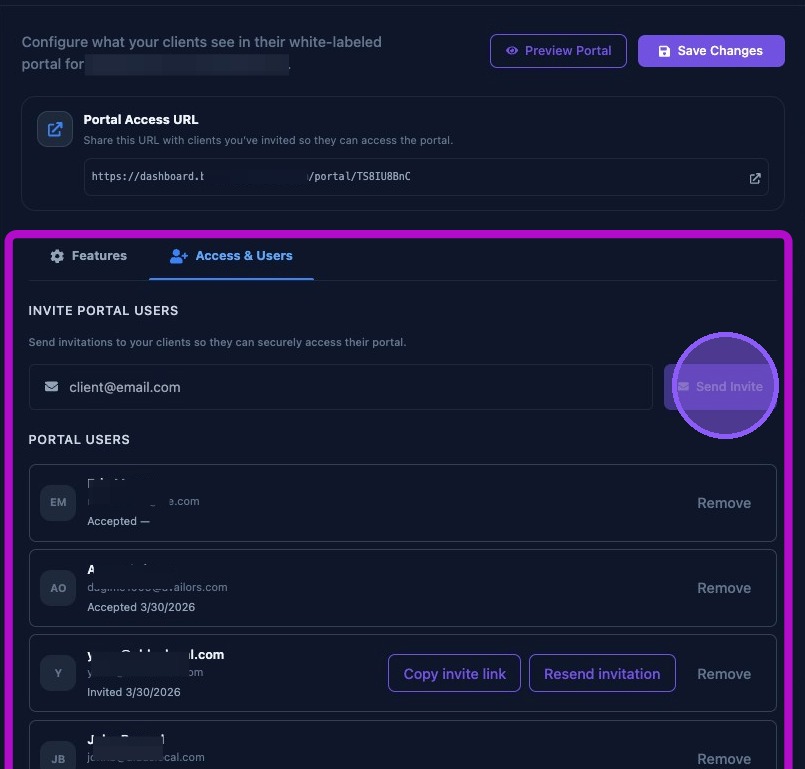 Screenshot showing Access and Users settings