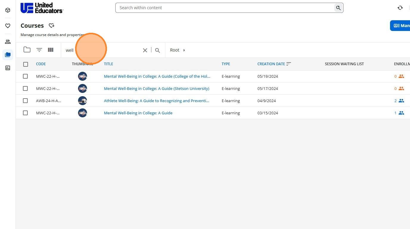 Search within results field in Course Management