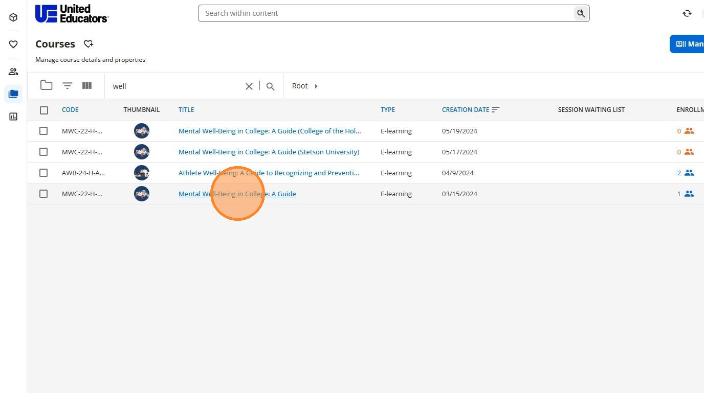 Course search result selected