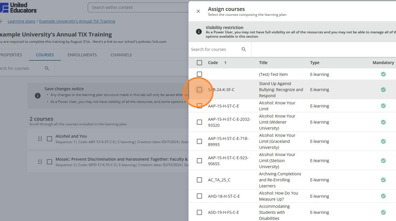 Assign courses panel