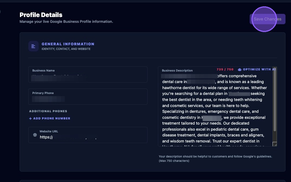 Screenshot showing the Save Changes button on the details page