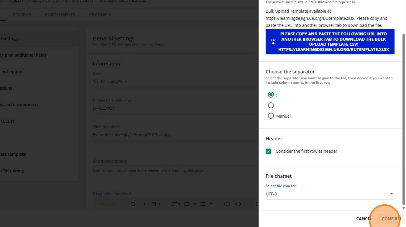 Confirm button after selecting the CSV file