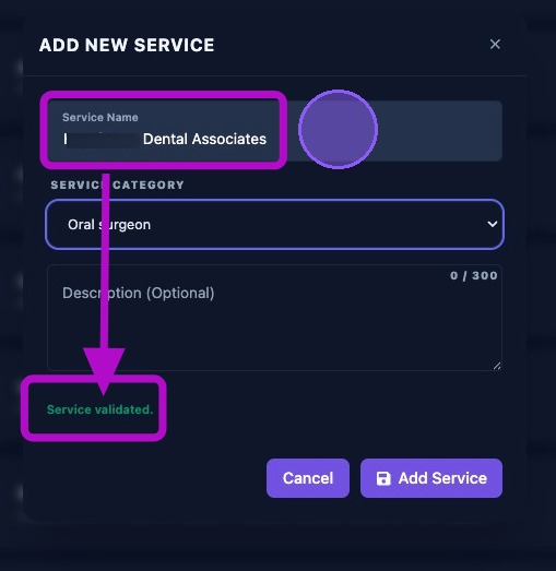 Screenshot showing the Service Validated status message