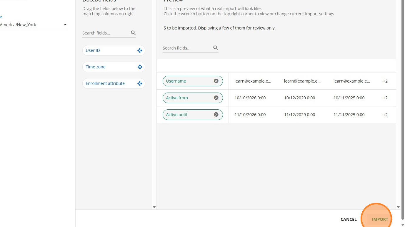 Import button after field mapping