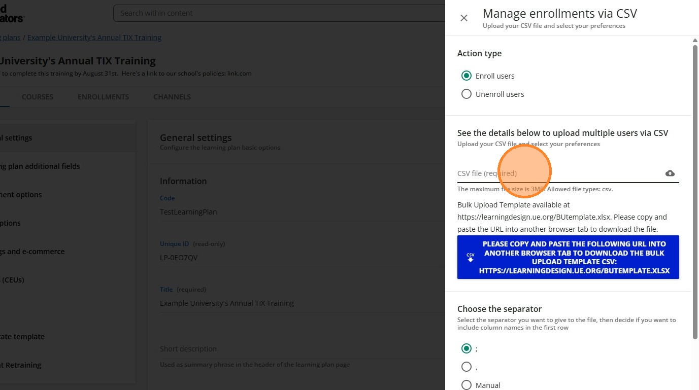 CSV file upload area