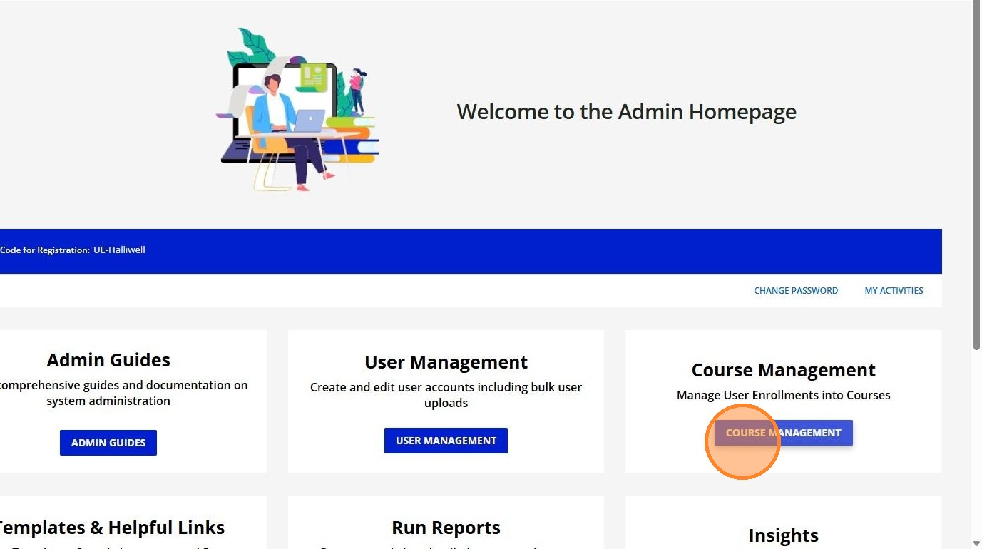 Course Management option on the Admin Homepage