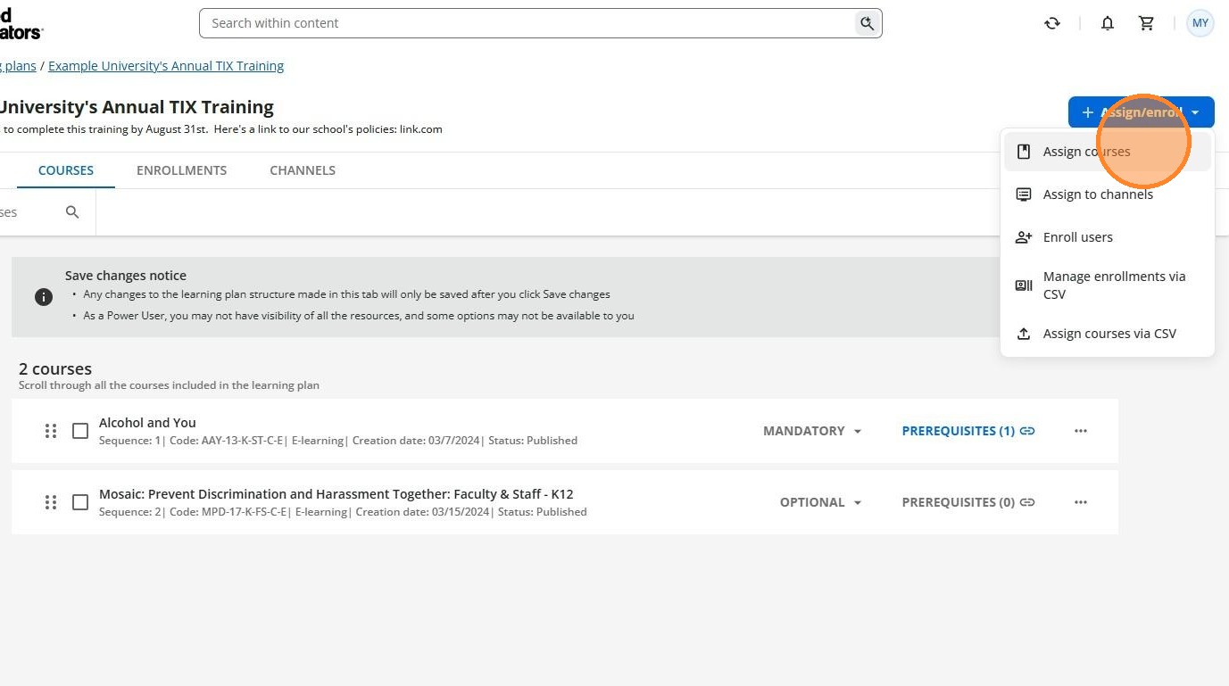 Assign courses option