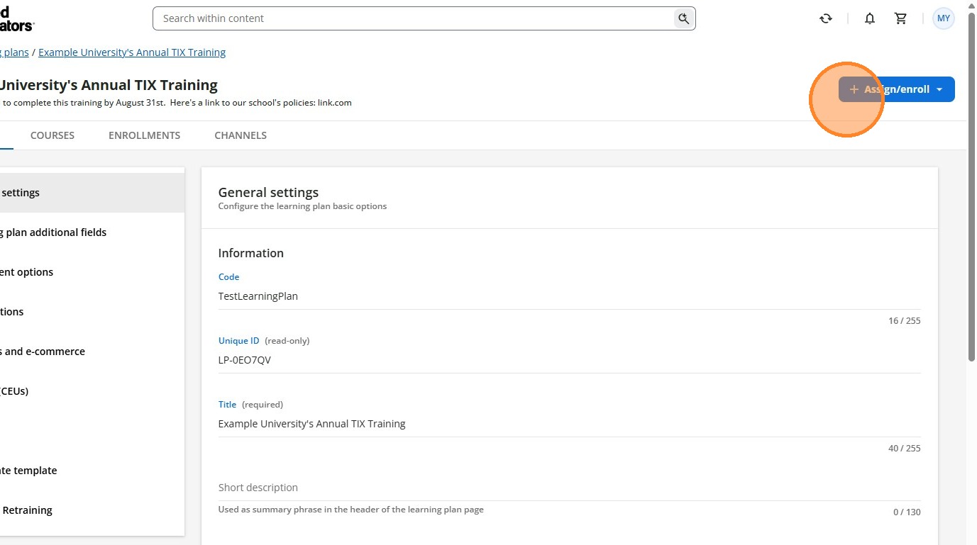 Assign/enroll button on the learning plan page