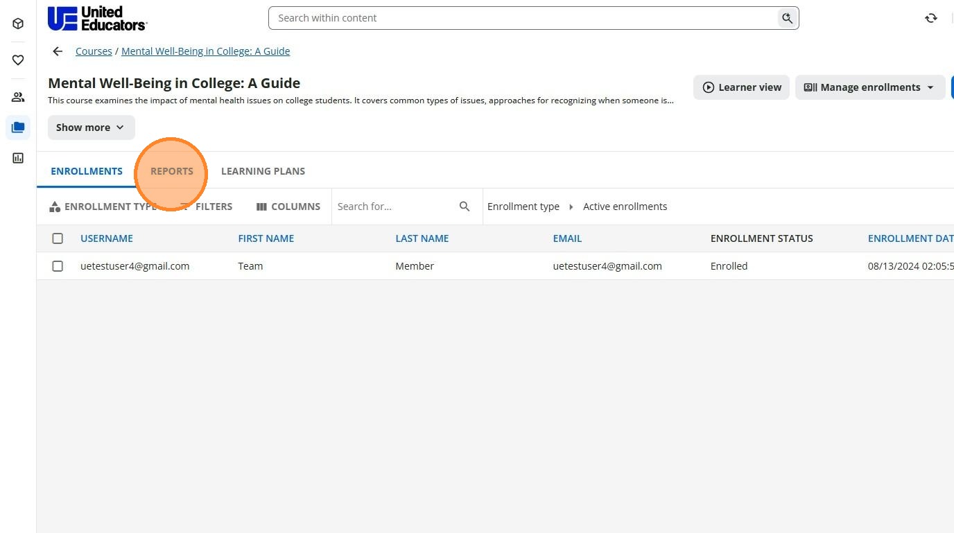 Reports tab on the course page