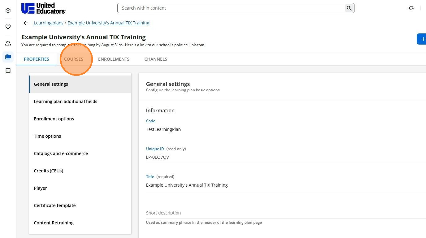 Courses tab in a learning plan