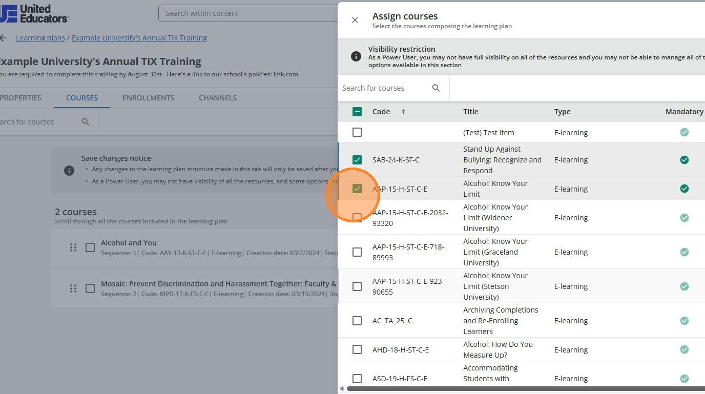 Course selected in the Assign courses panel