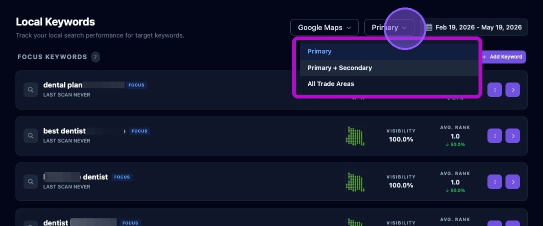 Screenshot showing the trade area filter