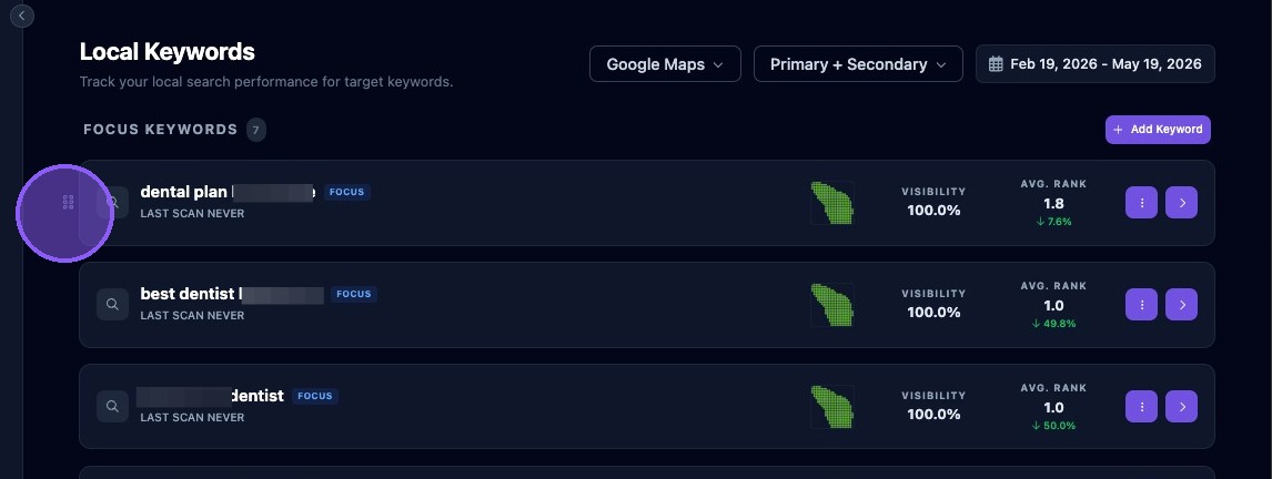 Screenshot showing the keyword drag handle