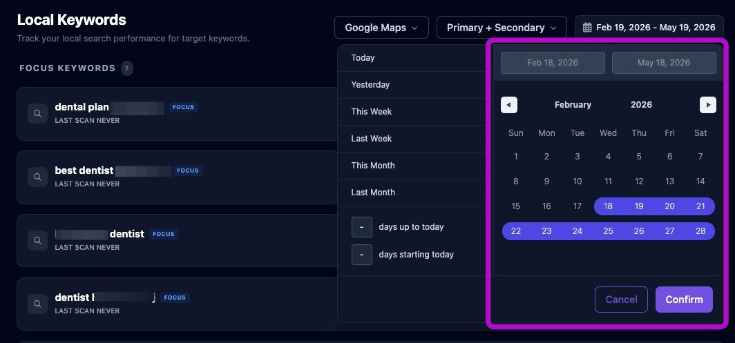 Screenshot showing custom date range options