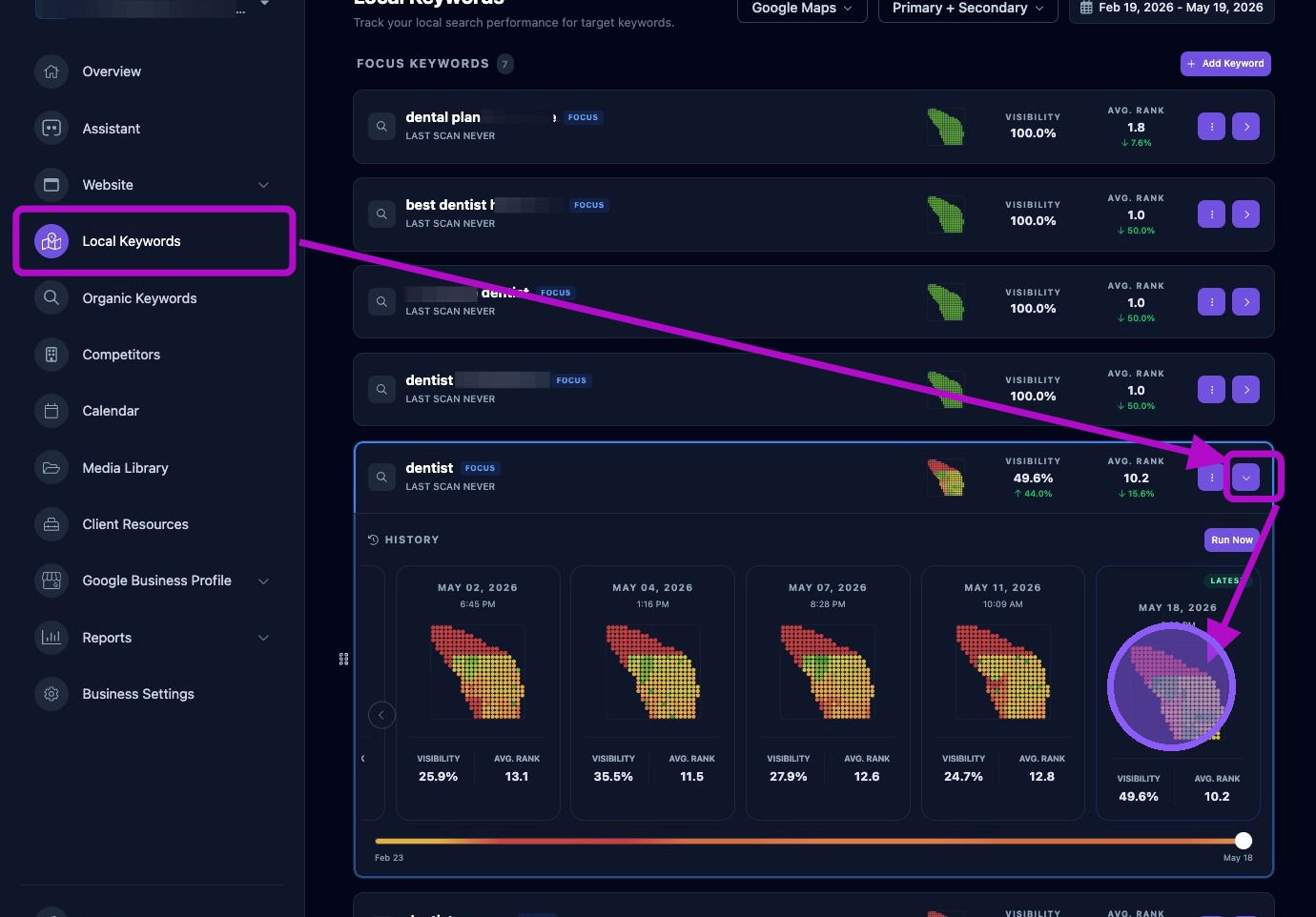 Screenshot showing Search Grid Map access from Local Keywords history