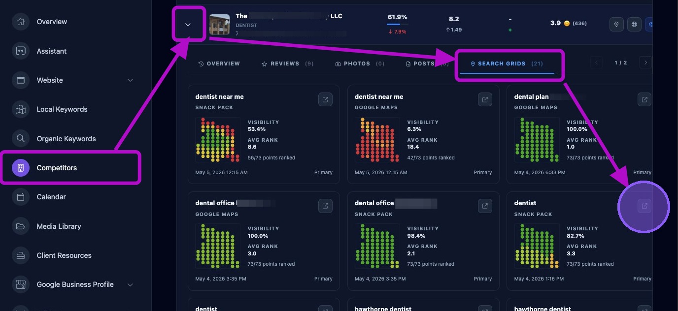 Screenshot showing Search Grid Map access from Competitors