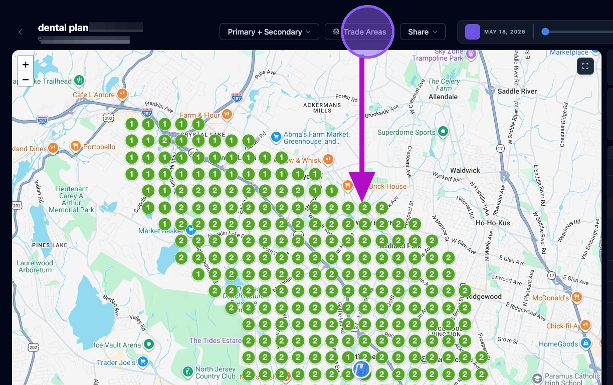Screenshot showing trade area overlays on the map