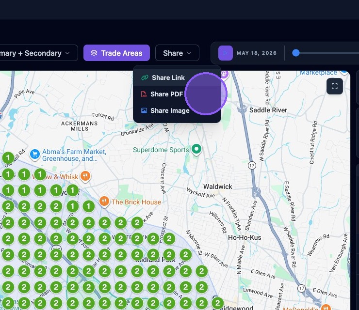 Screenshot showing the Share dropdown on Search Grid Maps