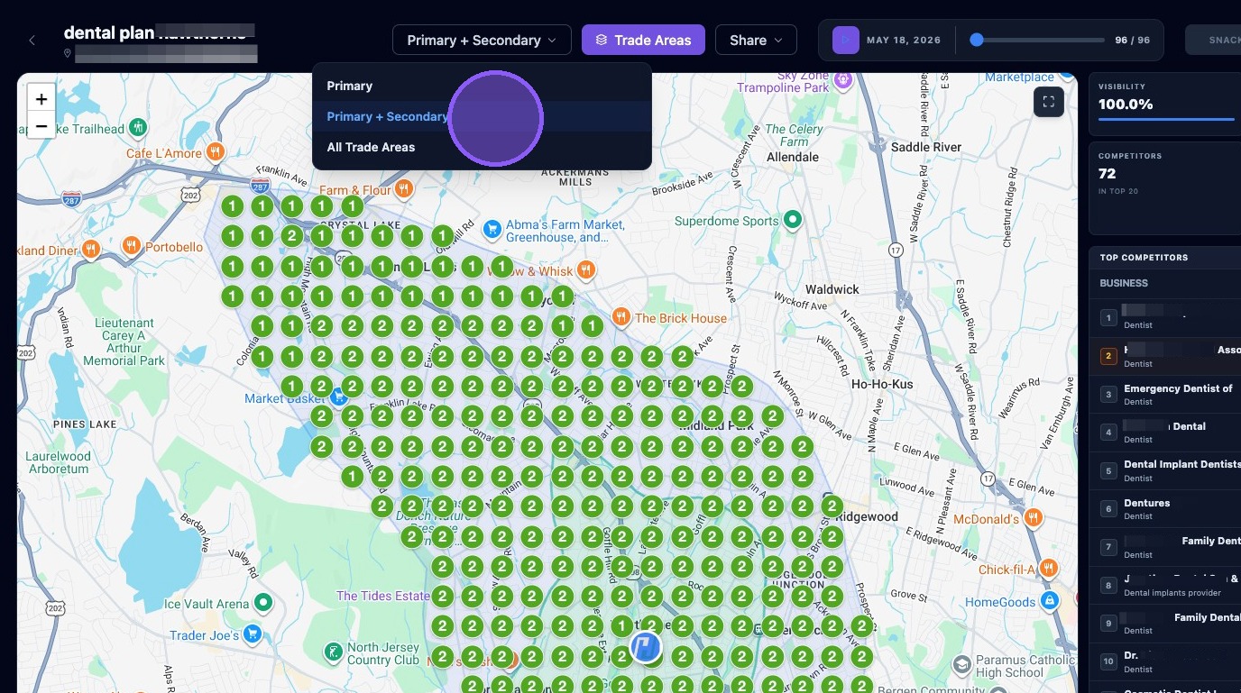 Screenshot showing the trade area dropdown on Search Grid Maps