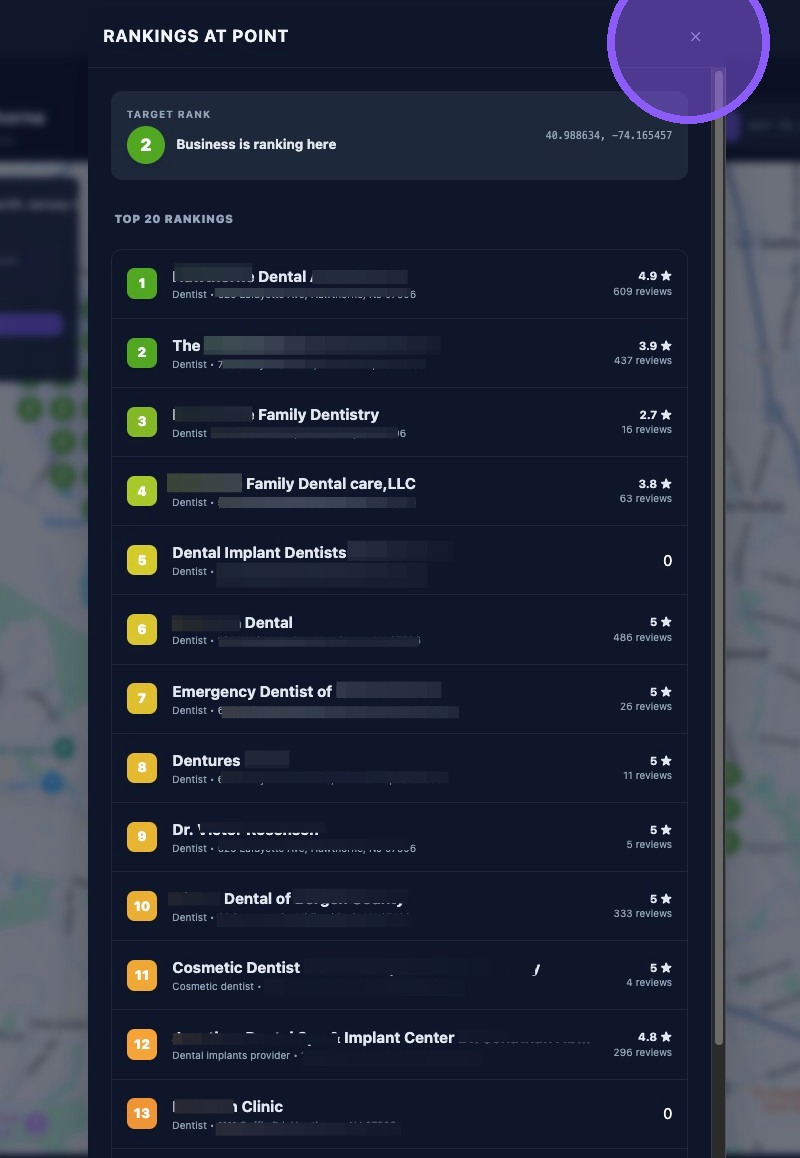 Screenshot showing point-level rankings on a Search Grid Map