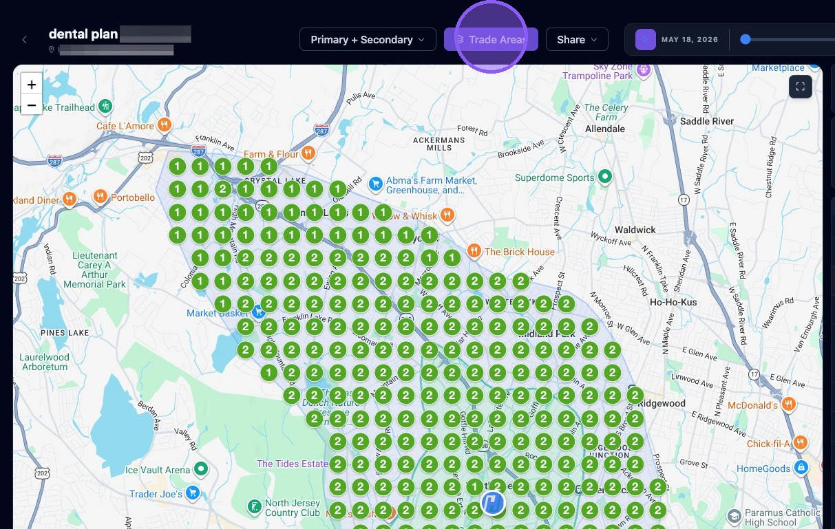 Screenshot showing the Trade Areas toggle