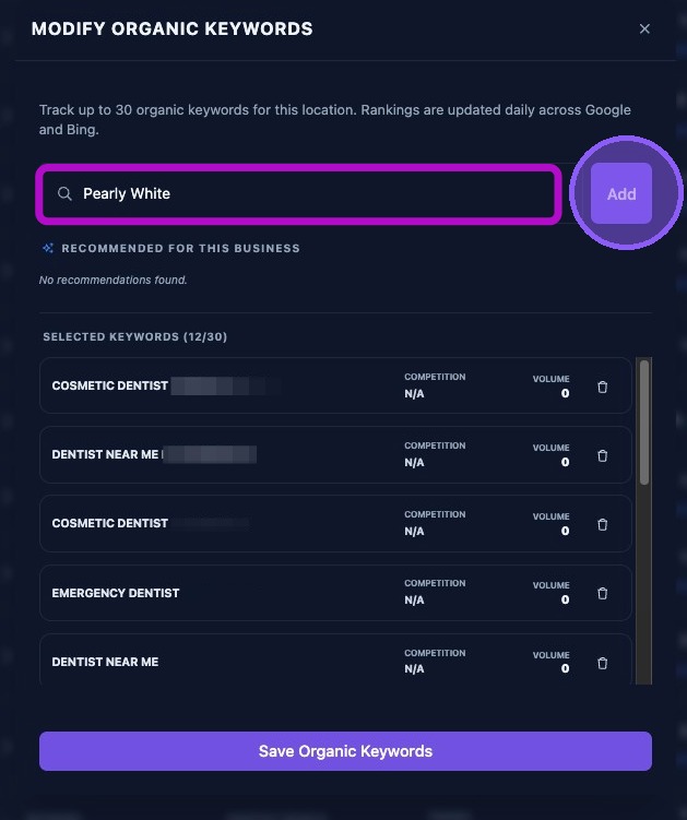 Screenshot showing the organic keyword input field