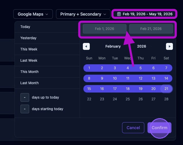 Screenshot showing the Confirm button for keyword date range