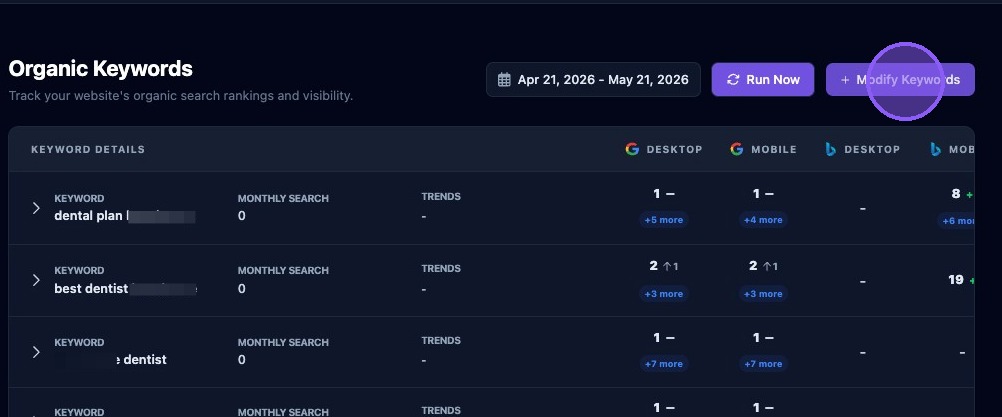 Screenshot showing the Modify Keywords button