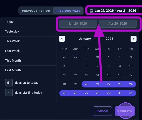 Screenshot showing the Confirm button in the date range selector