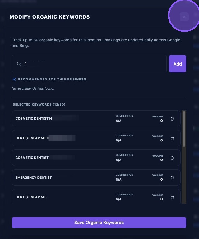 Screenshot showing the close button for the Organic Keywords window