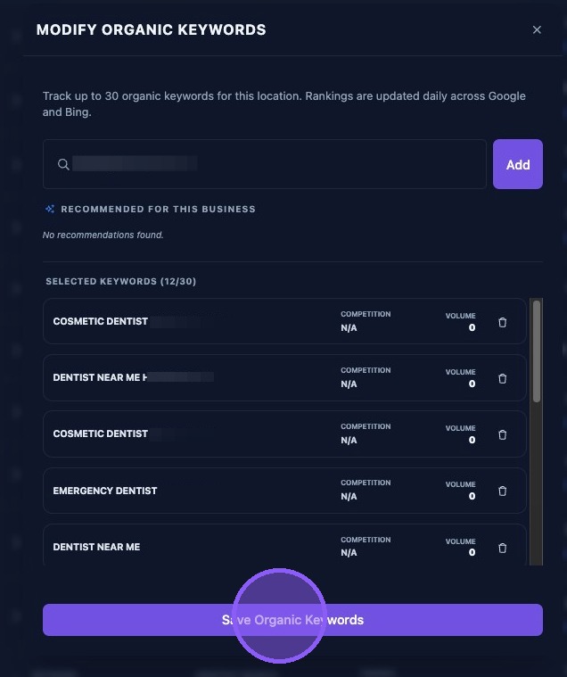 Screenshot showing the Save Organic Keywords button